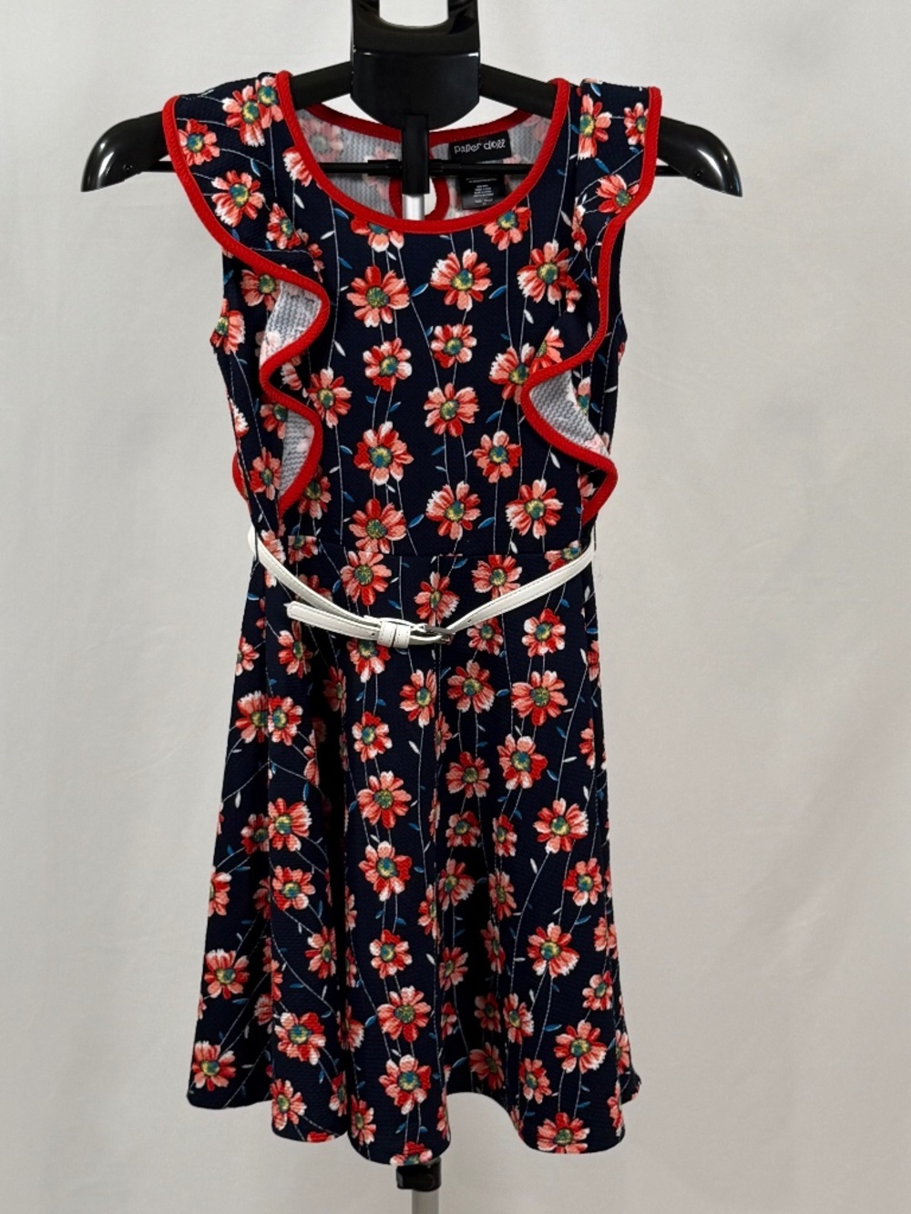 Paper Doll Girls Floral Ruffle Dress Size 10 Navy Red Belted Cute